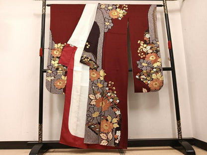 平和屋着物●豪華振袖　駒刺繍　草花文　金彩　正絹　逸品　AABJ8528ph