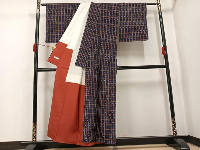 平和屋着物●上質な紬　花織　幾何学文様　やまと誂製　正絹　逸品　未使用　AABJ8532ph