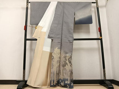 平和屋着物●インド・アッサム　野蚕糸　手織　ムガシルク　訪問着　動物樹林文　正絹　逸品　AABJ8551ph