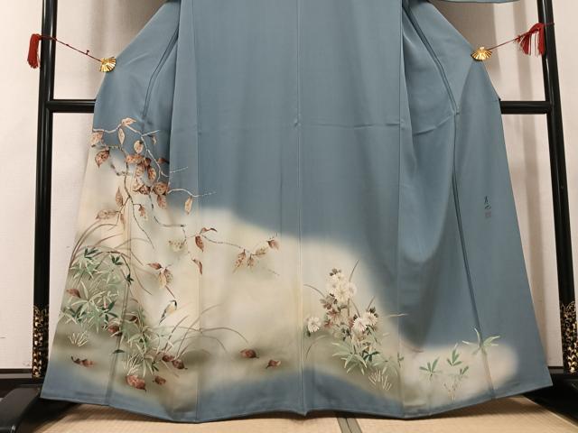 平和屋着物●訪問着　作家物　真也　手描き　花鳥文　暈し染め　正絹　逸品　AABJ8557ph