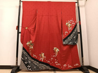 平和屋着物●豪華振袖　駒刺繍　絞り　檜扇花文　正絹　逸品　AABJ8559ph