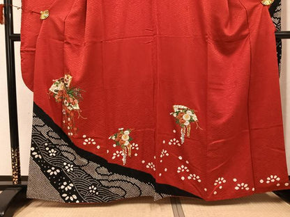 平和屋着物●豪華振袖　駒刺繍　絞り　檜扇花文　正絹　逸品　AABJ8559ph