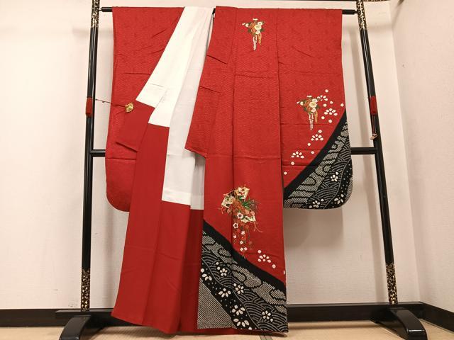 平和屋着物●豪華振袖　駒刺繍　絞り　檜扇花文　正絹　逸品　AABJ8559ph