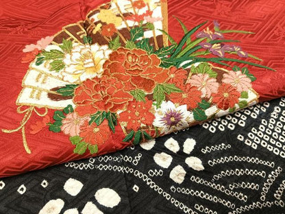 平和屋着物●豪華振袖　駒刺繍　絞り　檜扇花文　正絹　逸品　AABJ8559ph