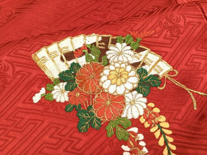 平和屋着物●豪華振袖　駒刺繍　絞り　檜扇花文　正絹　逸品　AABJ8559ph