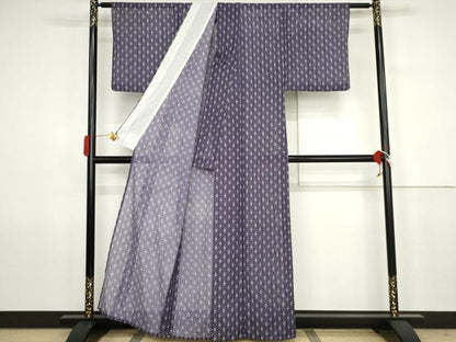 平和屋着物＊夏物　小紋　絽　麻の葉文様　洗える着物　AABJ8562cs