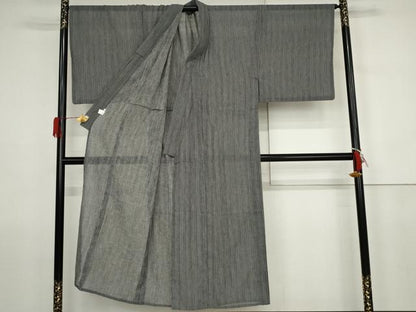 平和屋着物＊夏物　男性　小紋　縞　黒地　洗える着物　AABJ8571cs