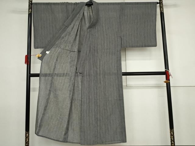 平和屋着物＊夏物　男性　小紋　縞　黒地　洗える着物　AABJ8571cs