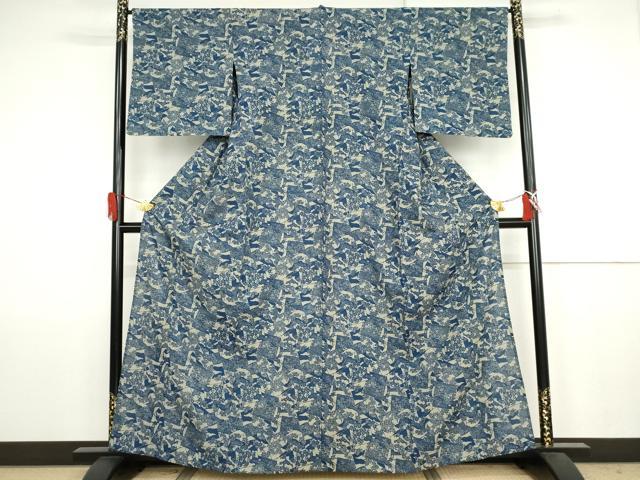 平和屋着物＊夏物　本場阿波藍染　角田智造　小紋　色紙重ね人物風景文　正絹　逸品　AABJ8577cs