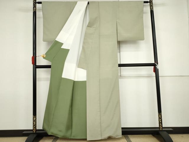 平和屋着物●本塩沢　やまだ織　色無地　山葵色　正絹　逸品　AABJ8592cs
