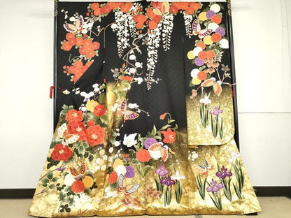 平和屋着物●豪華振袖　駒刺繍　花蝶文　黒地　金彩　ロング丈　正絹　逸品　AABJ8593cs