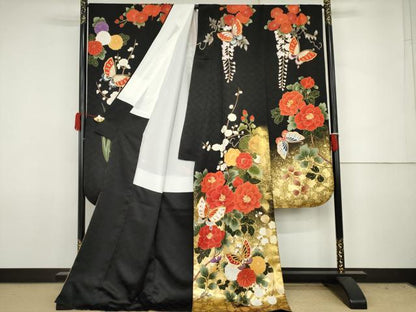平和屋着物●豪華振袖　駒刺繍　花蝶文　黒地　金彩　ロング丈　正絹　逸品　AABJ8593cs