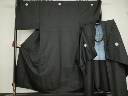 平和屋着物●男性　黒紋付・羽織セット　キングサイズ　洗える着物　AABJ8605cs