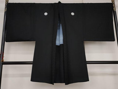 平和屋着物●男性　黒紋付・羽織セット　キングサイズ　洗える着物　AABJ8605cs