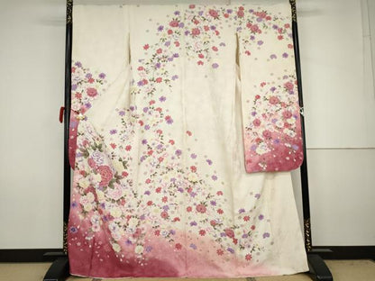 平和屋着物●豪華振袖　駒刺繍　草花文　暈し染め　銀彩　正絹　逸品　AABJ8607cs