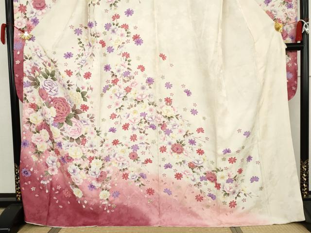 平和屋着物●豪華振袖　駒刺繍　草花文　暈し染め　銀彩　正絹　逸品　AABJ8607cs