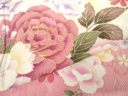 平和屋着物●豪華振袖　駒刺繍　草花文　暈し染め　銀彩　正絹　逸品　AABJ8607cs