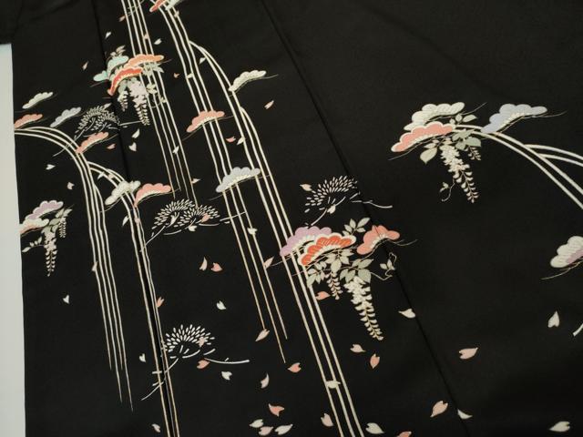 平和屋着物●訪問着　駒刺繍　松　黒地　金銀彩　正絹　逸品　AABJ8609cs