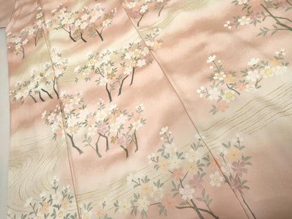 平和屋着物●訪問着　手描き　刺繍　流水枝花文　暈し染め　金彩　正絹　逸品　AABJ8628cs