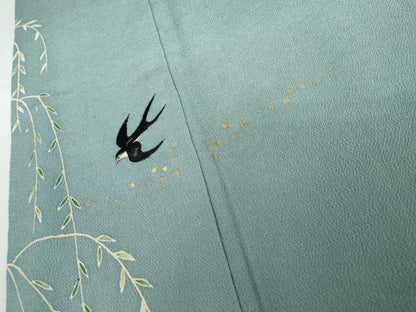 平和屋着物●人形作家・ホリヒロシ　訪問着　刺繍　燕　金糸　金彩　鬼しぼ縮緬　正絹　逸品　AABJ8633cs