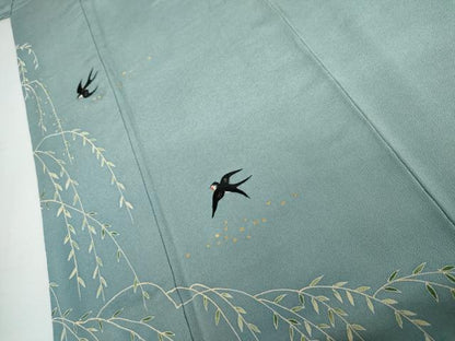 平和屋着物●人形作家・ホリヒロシ　訪問着　刺繍　燕　金糸　金彩　鬼しぼ縮緬　正絹　逸品　AABJ8633cs