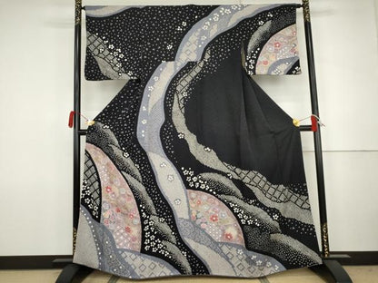 平和屋着物●訪問着　絞り　道長吉祥花文　銀彩　正絹　逸品　AABJ8639cs