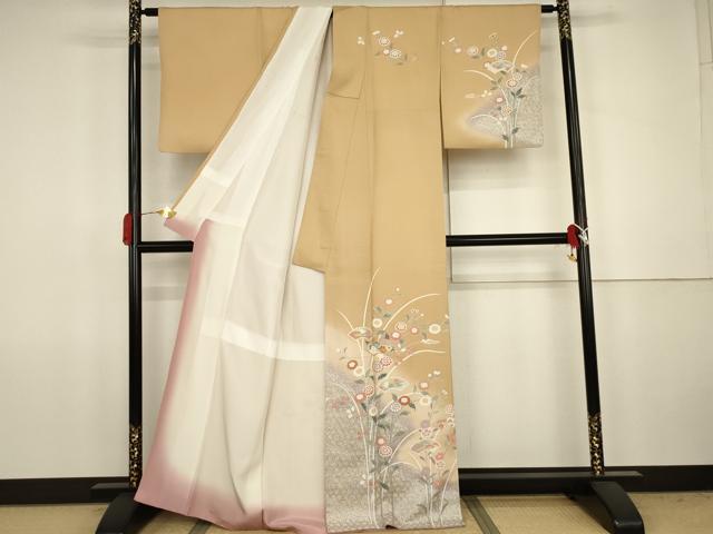 平和屋着物●訪問着　駒刺繍　地紙枝花文　暈し染め　金銀彩　正絹　逸品　AABJ8641cs