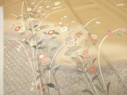 平和屋着物●訪問着　駒刺繍　地紙枝花文　暈し染め　金銀彩　正絹　逸品　AABJ8641cs