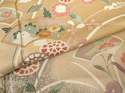 平和屋着物●訪問着　駒刺繍　地紙枝花文　暈し染め　金銀彩　正絹　逸品　AABJ8641cs