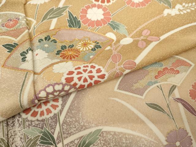 平和屋着物●訪問着　駒刺繍　地紙枝花文　暈し染め　金銀彩　正絹　逸品　AABJ8641cs