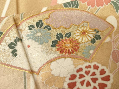 平和屋着物●訪問着　駒刺繍　地紙枝花文　暈し染め　金銀彩　正絹　逸品　AABJ8641cs