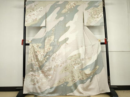平和屋着物●訪問着　流水草花文　金彩　正絹　逸品　AABJ8644cs