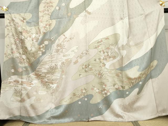 平和屋着物●訪問着　流水草花文　金彩　正絹　逸品　AABJ8644cs