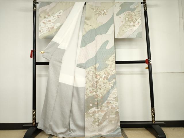 平和屋着物●訪問着　流水草花文　金彩　正絹　逸品　AABJ8644cs