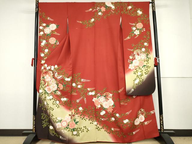 平和屋着物●豪華振袖　駒刺繍　花筏舞蝶文　暈し染め　金彩　正絹　逸品　AABJ8646cs