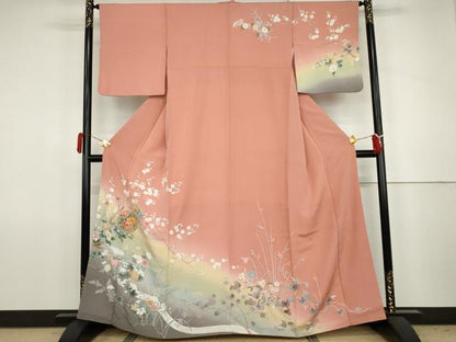 平和屋着物●訪問着　友禅　駒刺繍　雪輪枝花文　暈し染め　金彩　正絹　逸品　AABJ8654cs