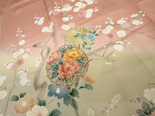 平和屋着物●訪問着　友禅　駒刺繍　雪輪枝花文　暈し染め　金彩　正絹　逸品　AABJ8654cs