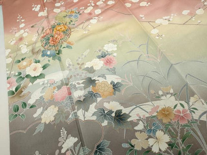 平和屋着物●訪問着　友禅　駒刺繍　雪輪枝花文　暈し染め　金彩　正絹　逸品　AABJ8654cs
