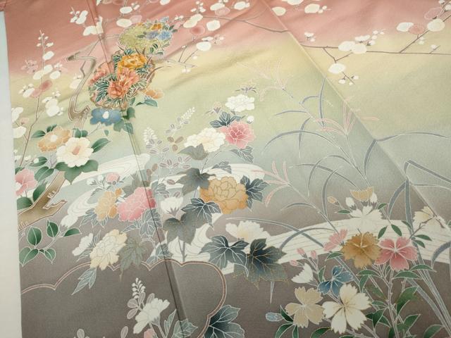 平和屋着物●訪問着　友禅　駒刺繍　雪輪枝花文　暈し染め　金彩　正絹　逸品　AABJ8654cs