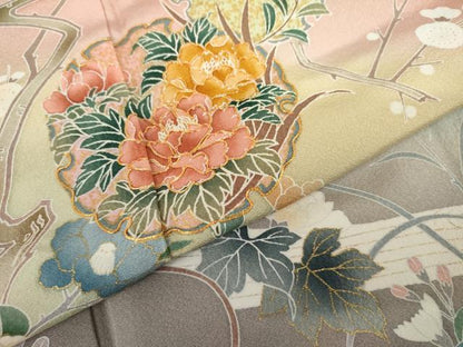 平和屋着物●訪問着　友禅　駒刺繍　雪輪枝花文　暈し染め　金彩　正絹　逸品　AABJ8654cs