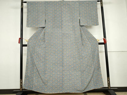 平和屋着物●上質な小紋　型染め　花青海波　正絹　逸品　AABJ8655cs