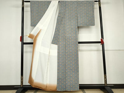 平和屋着物●上質な小紋　型染め　花青海波　正絹　逸品　AABJ8655cs