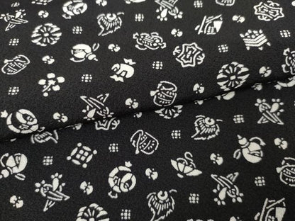 平和屋着物●上質な小紋　型染め　吉祥花宝尽くし　黒地　正絹　逸品　AABJ8656cs