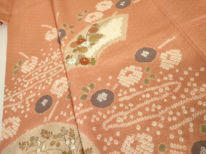 平和屋着物●訪問着　絞り　地紙枝花文　金彩　ゑり善扱い　ロング丈　正絹　逸品　AABJ8658cs