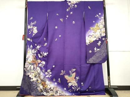 平和屋着物●豪華振袖　駒刺繍　更紗花蝶文　暈し染め　金彩　さが美扱い　正絹　逸品　AABJ8666cs