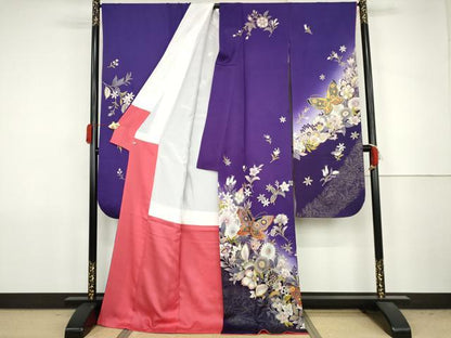 平和屋着物●豪華振袖　駒刺繍　更紗花蝶文　暈し染め　金彩　さが美扱い　正絹　逸品　AABJ8666cs