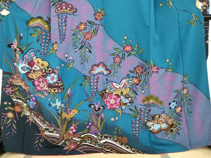 平和屋着物●紅型　振袖　吉祥花蝶文　暈し染め　正絹　逸品　AABJ8668cs
