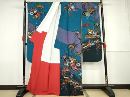 平和屋着物●紅型　振袖　吉祥花蝶文　暈し染め　正絹　逸品　AABJ8668cs