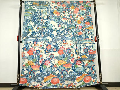 平和屋着物●豪華振袖　型染め　流水枝梅文　鬼しぼ縮緬　正絹　逸品　AABJ8671cs