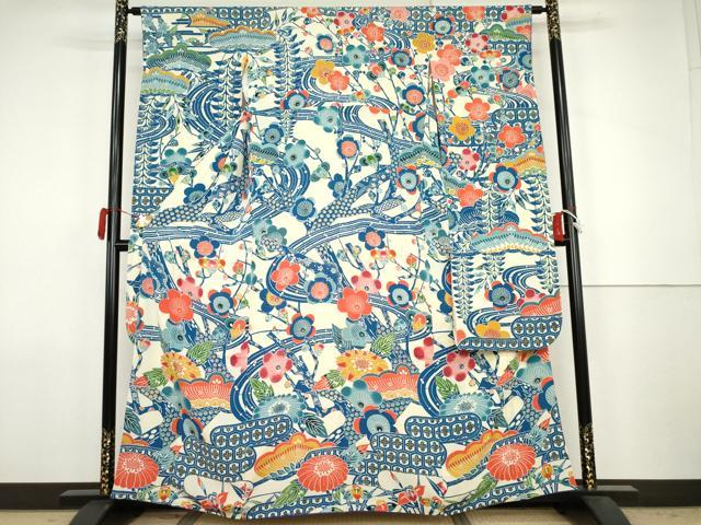 平和屋着物●豪華振袖　型染め　流水枝梅文　鬼しぼ縮緬　正絹　逸品　AABJ8671cs